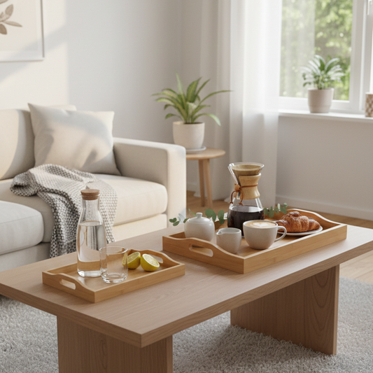 SkandiNest bambubrickor i skandinavisk design, tillverkade av naturlig bambu, hållbara serveringsbrickor för kök och hem.