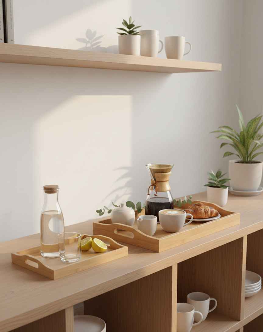 SkandiNest bambubrickor i skandinavisk design, tillverkade av naturlig bambu, hållbara serveringsbrickor för kök och hem.