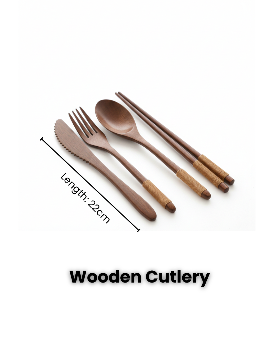 SkandiNest bestickset i skandinavisk design med gaffel, kniv, sked och ätpinnar, tillverkat i naturligt material – hållbart och stilrent set för matservering. Det är 22cm