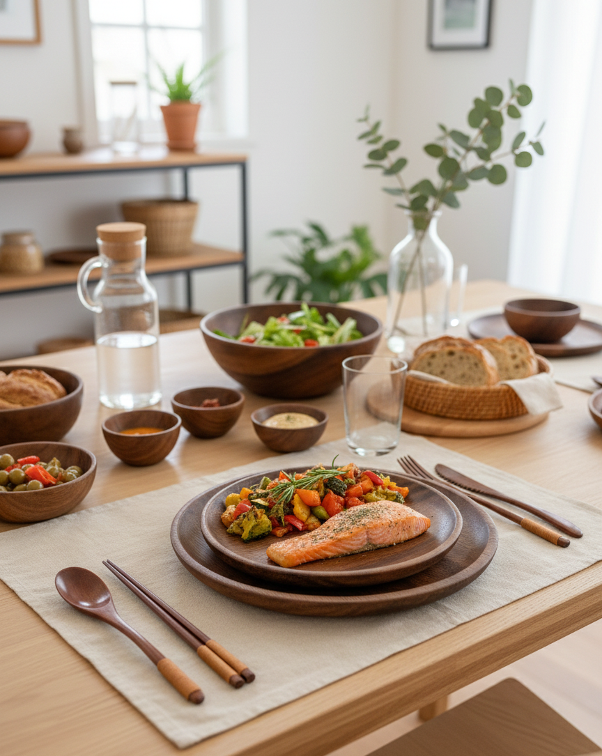 SkandiNest middagsservis i trä med tallrikar, skålar och bestick i nordisk design, miljövänligt set för modern dukning.