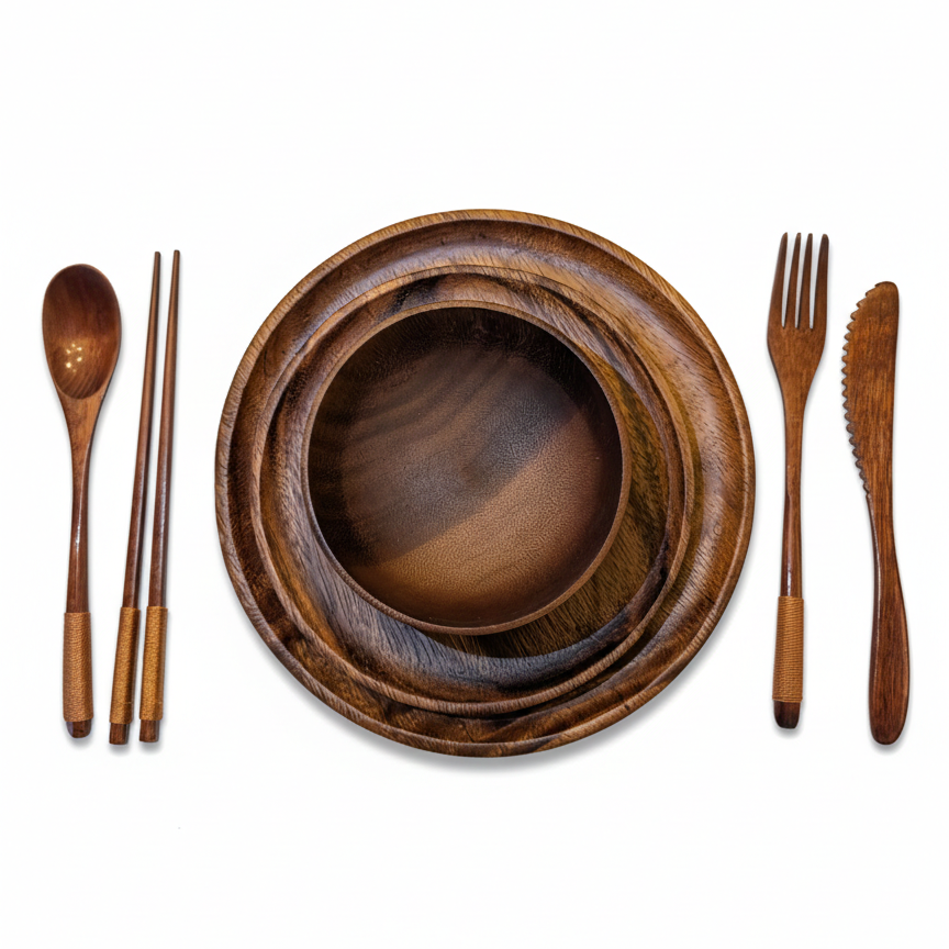 SkandiNest middagsset i skandinavisk design med träfat, träskålar och bestick, tillverkat av naturliga material – hållbart och stilrent servis- och serveringsset för kök och hem.