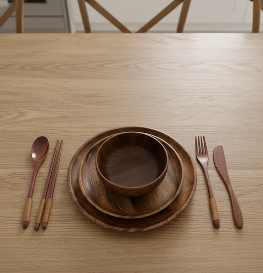 SkandiNest middagsset i skandinavisk design med träfat, träskålar och bestick, tillverkat av naturliga material – hållbart och stilrent servis- och serveringsset för kök och hem.