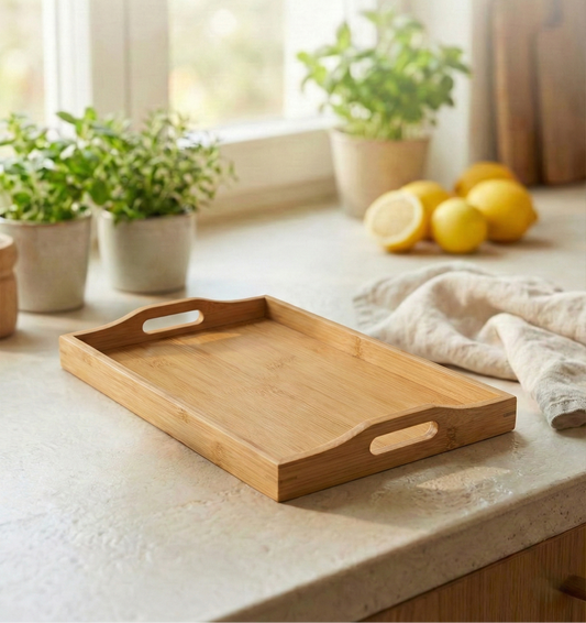 SkandiNest bambubricka i nordisk minimalistisk design, naturlig bambu, hållbar och elegant servering.