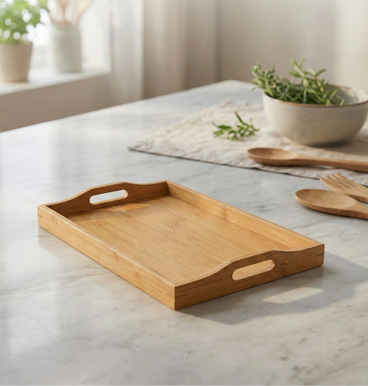 SkandiNest liten bambubricka i skandinavisk design, tillverkad av naturlig bambu, kompakt och hållbar serveringsbricka för kök och hem.