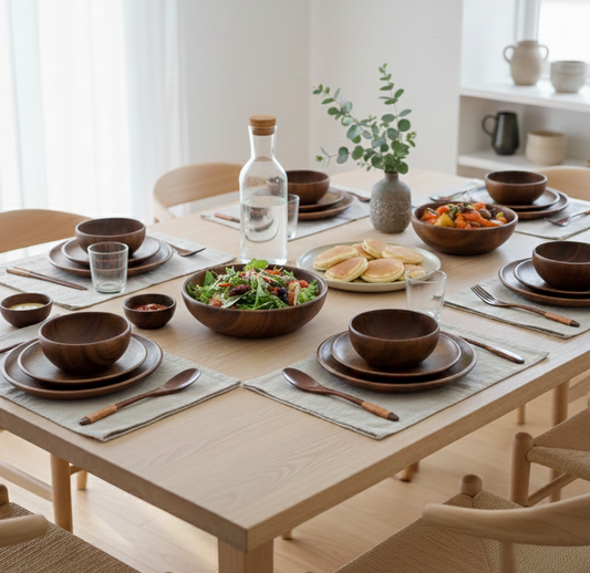 Skandinest sustainable wooden crockery set featuring handcrafted dark wood bowls and plates on a minimalist dining table for an authentic Scandinavian-style home.