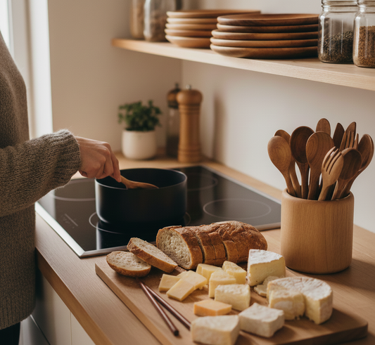 Modern bamboo serving tray with coffee cups and a small succulent on a light wood kitchen island, featuring a bright Scandinavian kitchen background with white subway tiles and minimalist decor.