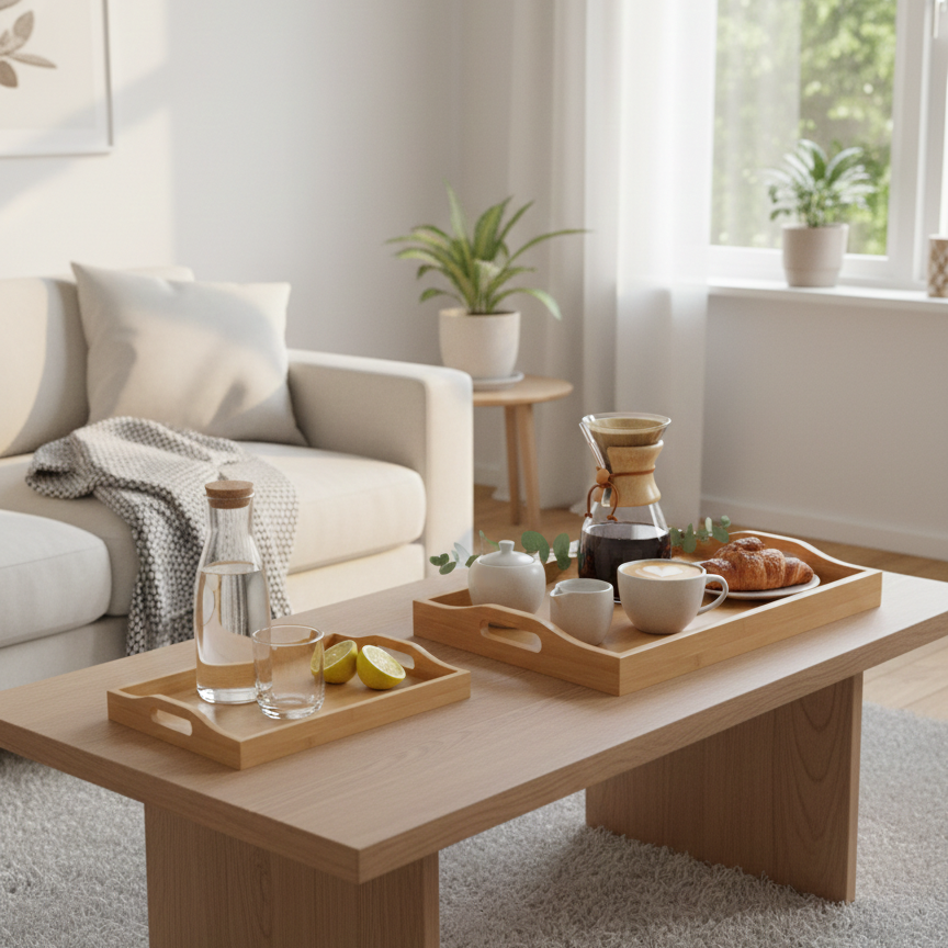 SkandiNest bambubrickor i skandinavisk design, tillverkade av naturlig bambu, hållbara serveringsbrickor för kök och hem.