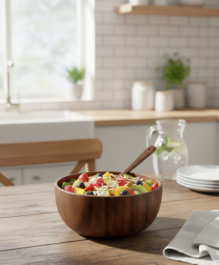 SkandiNest träskål i skandinavisk design, handgjord skål i naturligt trä för servering och förvaring i kök och hem.