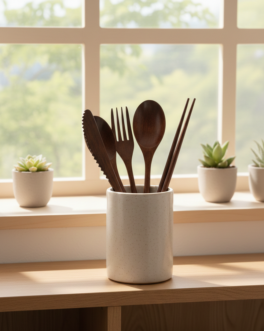 SkandiNest bestickset i skandinavisk design med gaffel, kniv, sked och ätpinnar, tillverkat i naturligt material – hållbart och stilrent set för matservering.