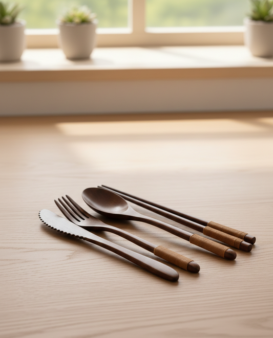 SkandiNest bestickset i skandinavisk design med gaffel, kniv, sked och ätpinnar, tillverkat i naturligt material – hållbart och stilrent set för matservering.