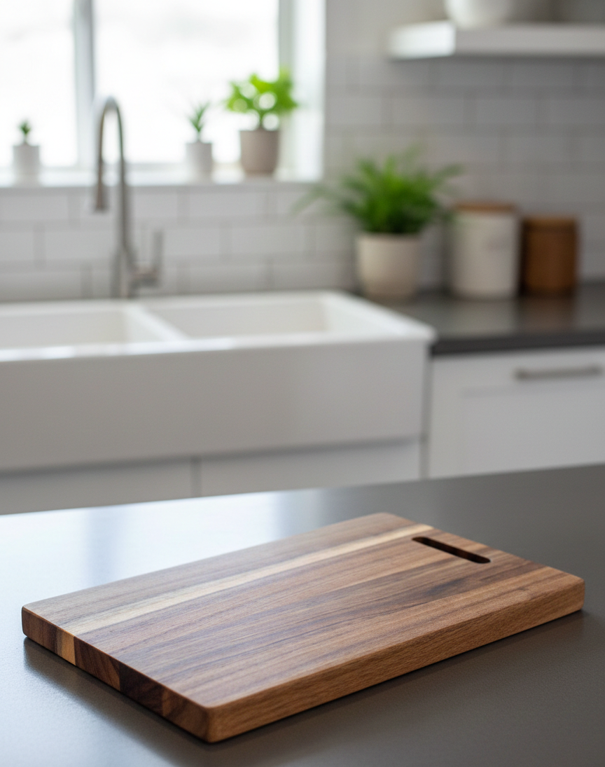 SkandiNest skärbräda i naturligt trä i skandinavisk design, hållbar och funktionell skärbräda för matlagning och servering i kök och hem.