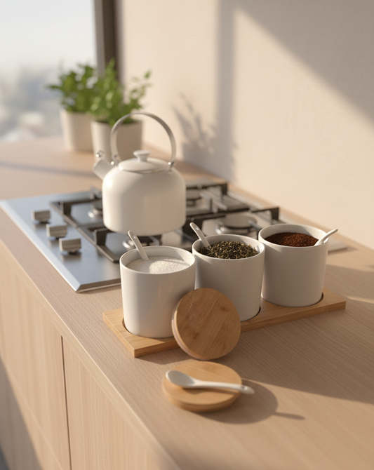 SkandiNest keramisk kryddburk i nordisk minimalistisk design, stilren och praktisk för kryddförvaring.