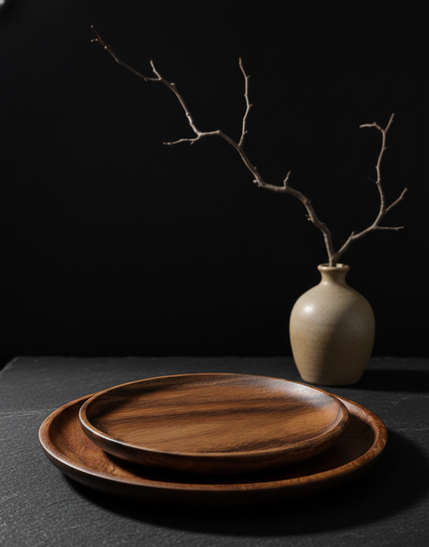 SkandiNest skandinaviska träfat i naturligt trä, handgjorda serveringsfat i nordisk minimalistisk design, 25 cm och 20 cm diameter, 2 cm höjd, hållbara köks- och inredningsdetaljer.