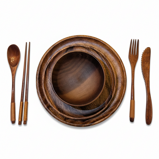 SkandiNest middagsset i skandinavisk design med träfat, träskålar och bestick, tillverkat av naturliga material – hållbart och stilrent servis- och serveringsset för kök och hem.
