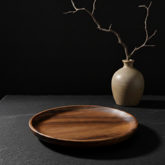 SkandiNest stort träfat i skandinavisk design, handgjort serveringsfat i naturligt trä med 20 cm diameter och 2 cm höjd, hållbar nordisk köksdetalj.