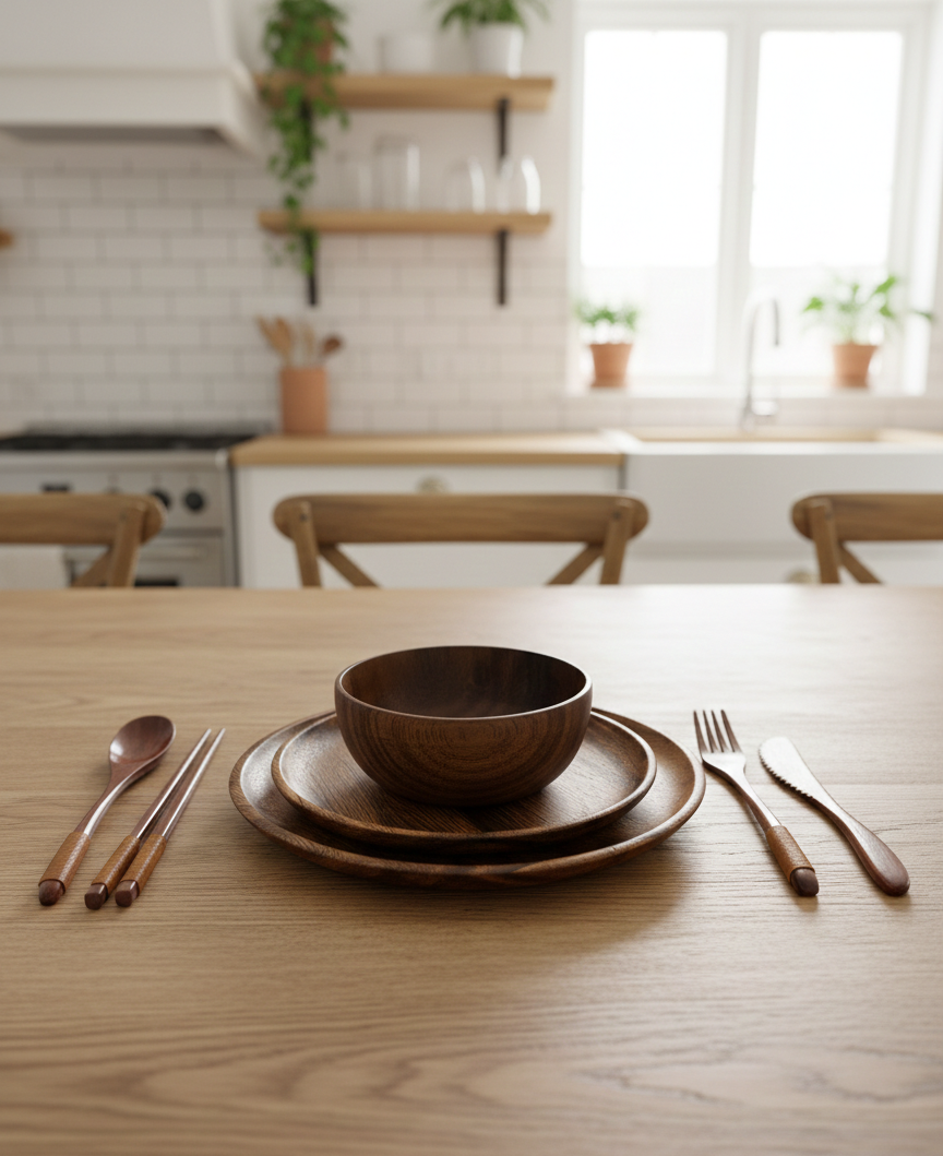 SkandiNest middagsservis i trä med tallrikar, skålar och bestick i nordisk design, miljövänligt set för modern dukning.