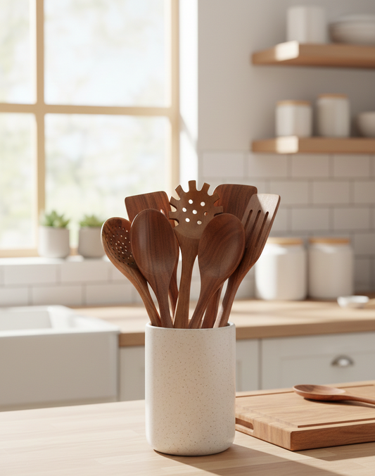 SkandiNest köksredskap i naturligt trä i skandinavisk design, hållbara matlagningsredskap för daglig användning i kök och hem.